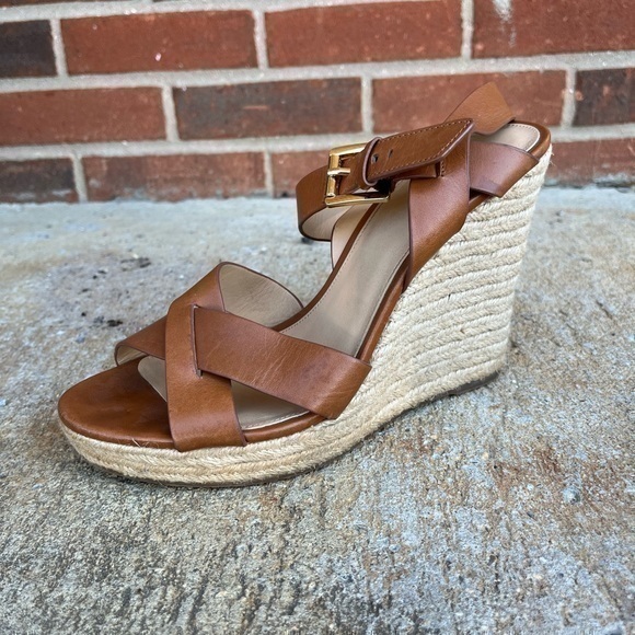 MICHAEL Michael Kors Women’s Brown Leather Open Toe Espadrille Wedge Heels - Picture 11 of 14